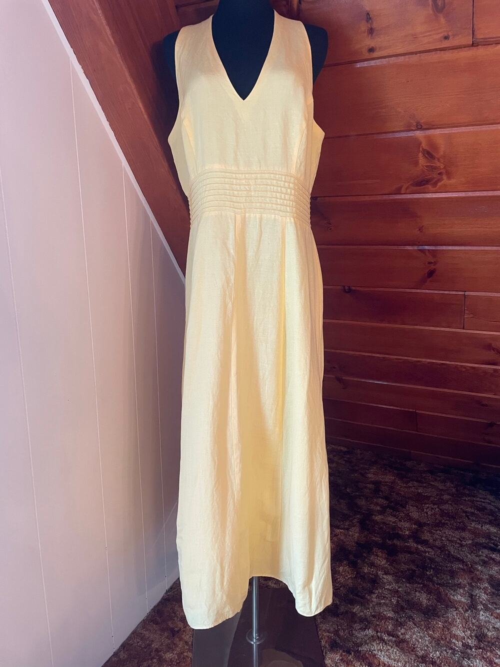 Vintage 90s Butter Yellow Linen Blend Yellow Sleeveless Midi Dress sz 16 / L